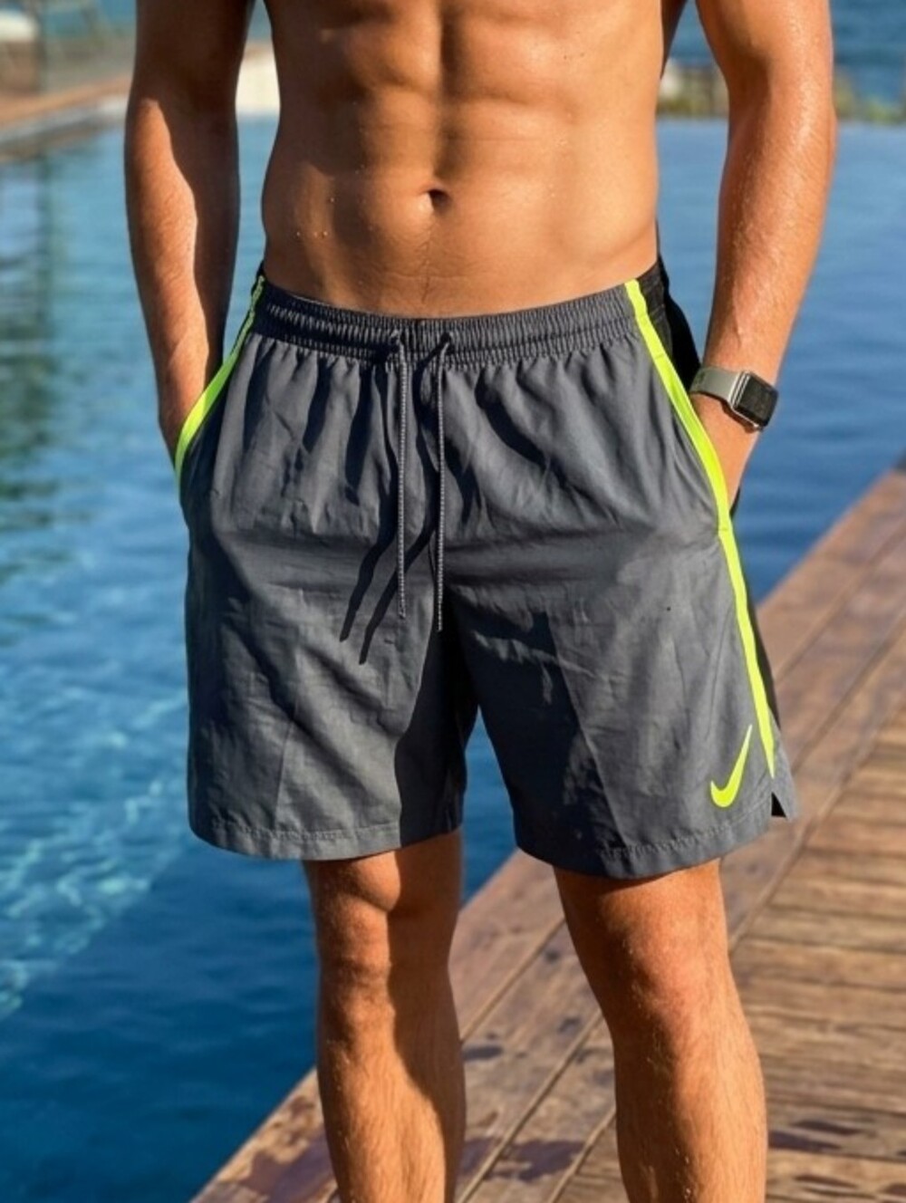 Nike Core Contend Volley Swim Trunks featuring Grey Neon Yellow Mens XL athletic